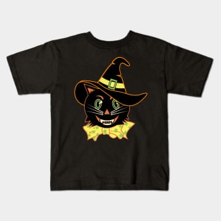 Vintage Halloween Black Cat Witch Kids T-Shirt